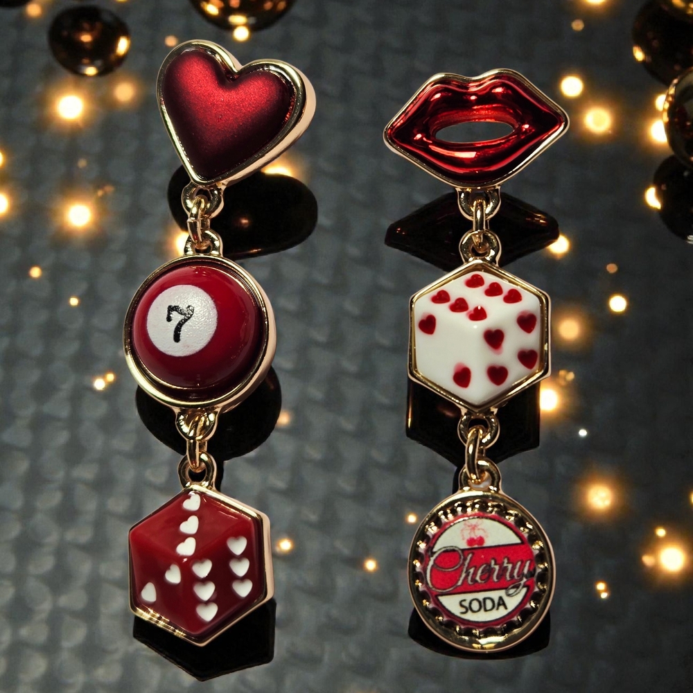 NEW Betsey Johnson Lips, Heart, Dice & Cherry Cola Linear Drop Earrings NWT - Picture 2 of 5